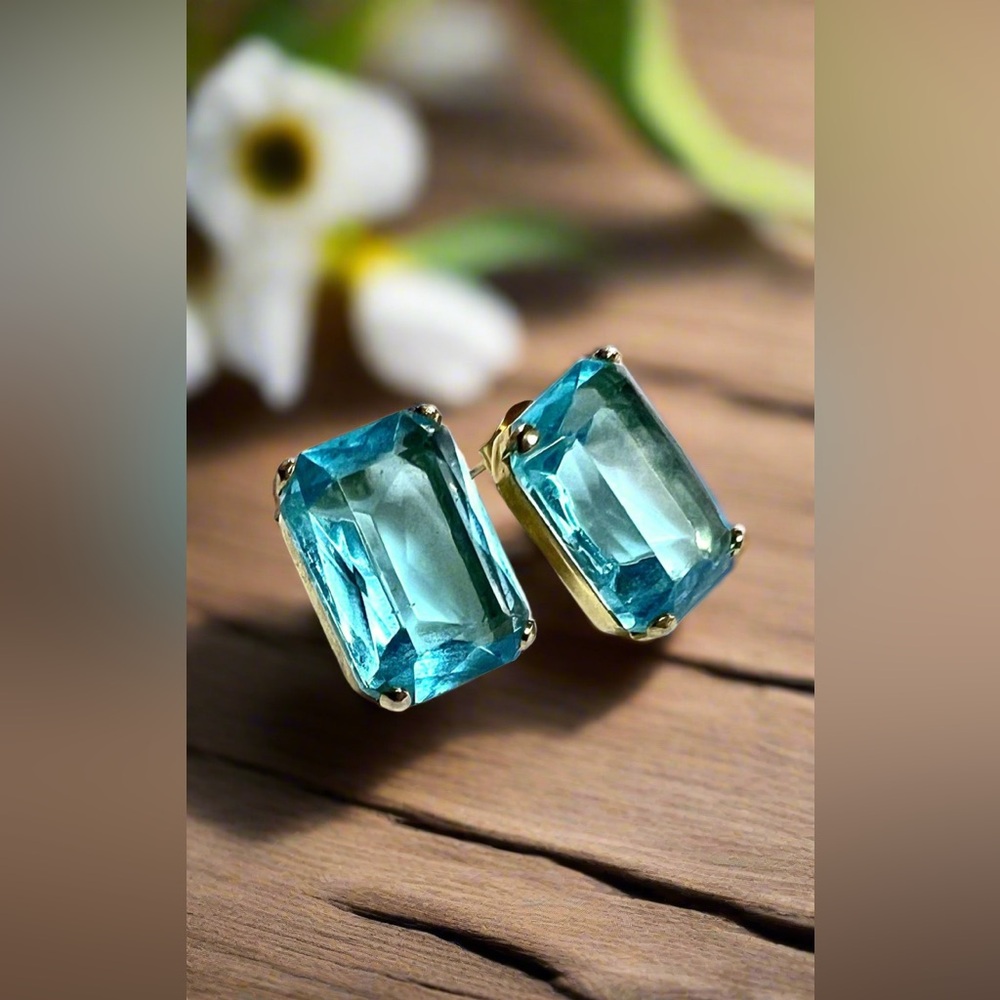 Imitation Blue Topaz Pierced Earrings, Emerald Cut, Contemporary Earrings